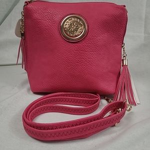 Pink Faux Leather Purse with gold accessories and zipper tassels. New